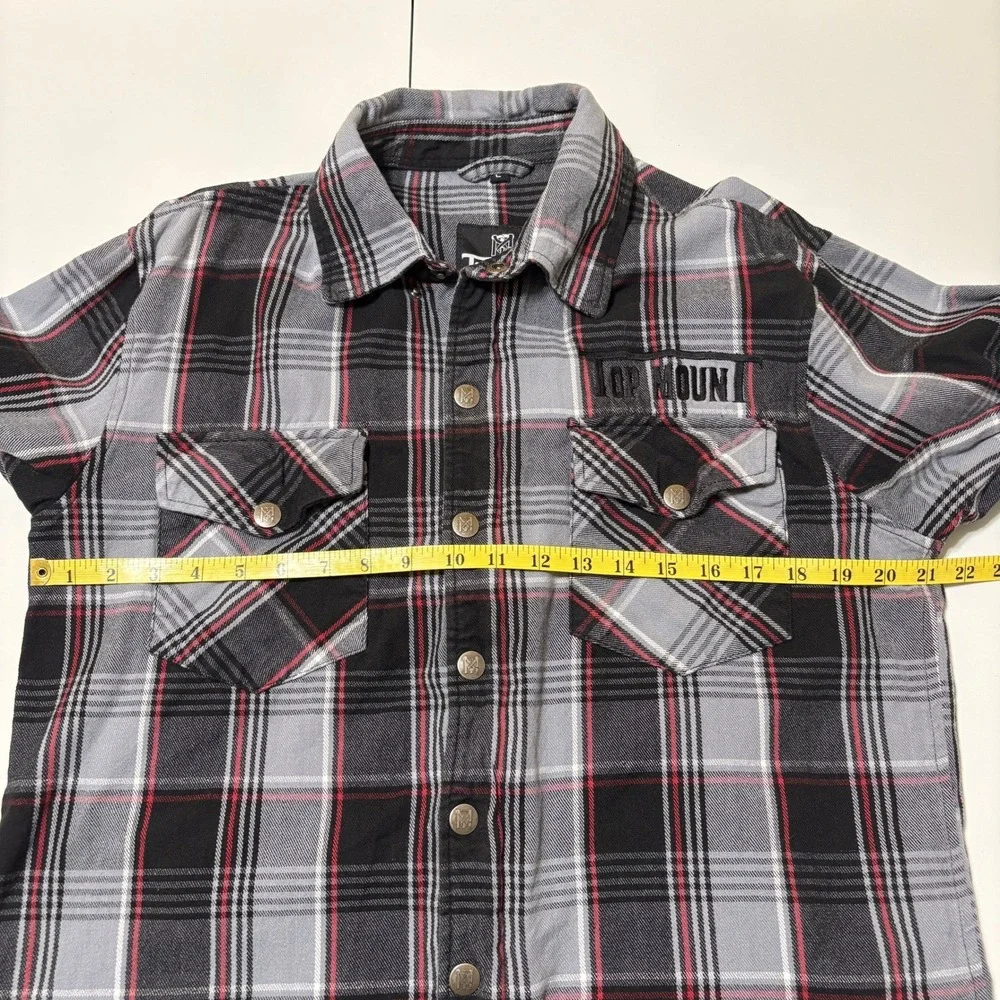 Top Mount Mens Full Zip Snap Grappler Flannel Shirt Size L Black Red Plaid Biker